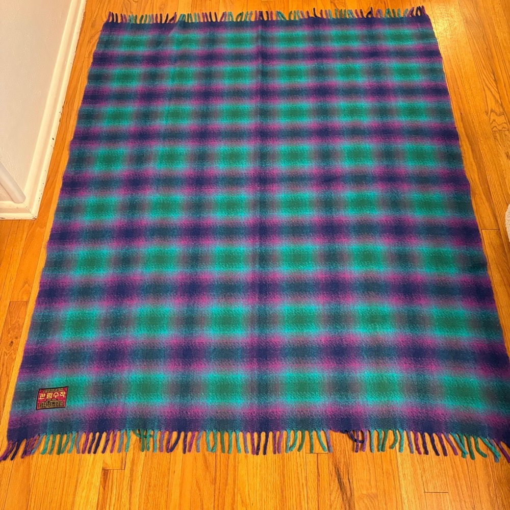 Hallim Handweavers, Wool Blanket, Purple Teal Plaid, 53x64, handmade